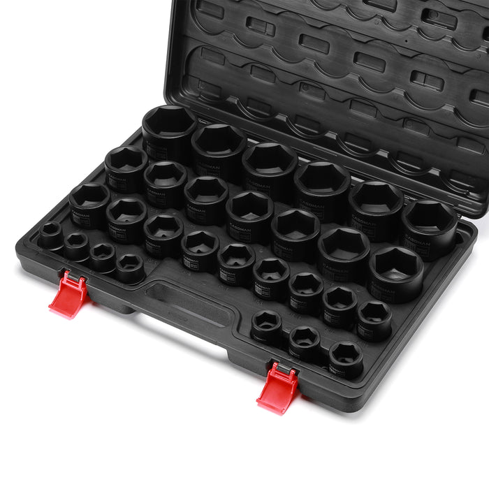 CASOMAN 29-Piece 3/4" Drive Shallow Spindle Axle Nut Impact Socket Set, 6-Point, Standard Large Socket Set, SAE (3/4" to 2-1/2"), CR-MO Steel, with Storage Case