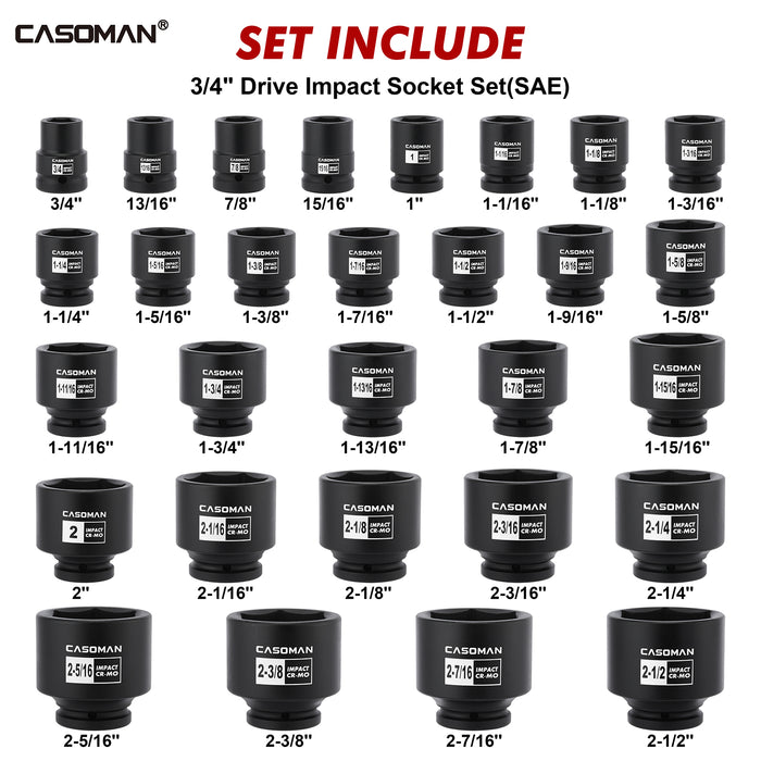CASOMAN 29-Piece 3/4" Drive Shallow Spindle Axle Nut Impact Socket Set, 6-Point, Standard Large Socket Set, SAE (3/4" to 2-1/2"), CR-MO Steel, with Storage Case