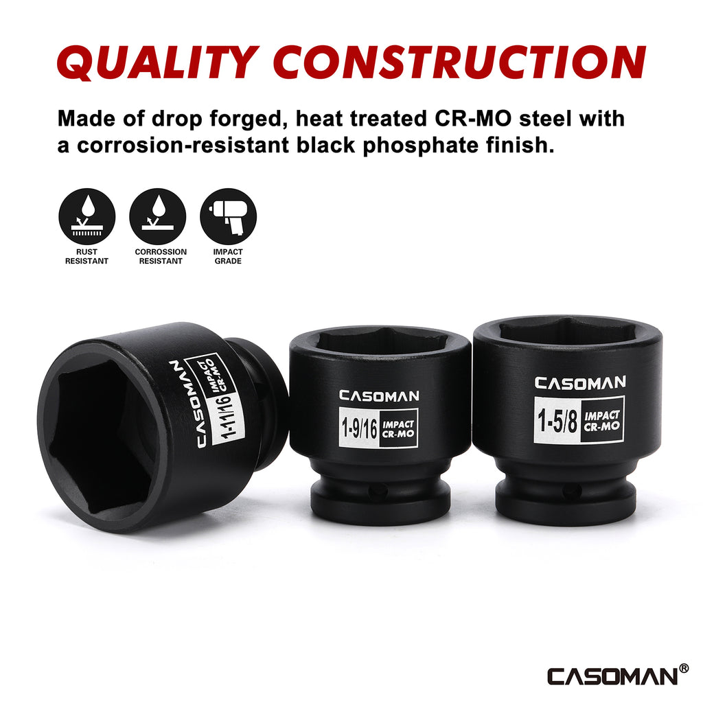 CASOMAN 29-Piece 3/4" Drive Shallow Spindle Axle Nut Impact Socket Set, 6-Point, Standard Large Socket Set, SAE (3/4" to 2-1/2"), CR-MO Steel, with Storage Case