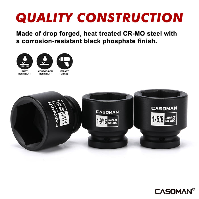 CASOMAN 29-Piece 3/4" Drive Shallow Spindle Axle Nut Impact Socket Set, 6-Point, Standard Large Socket Set, SAE (3/4" to 2-1/2"), CR-MO Steel, with Storage Case