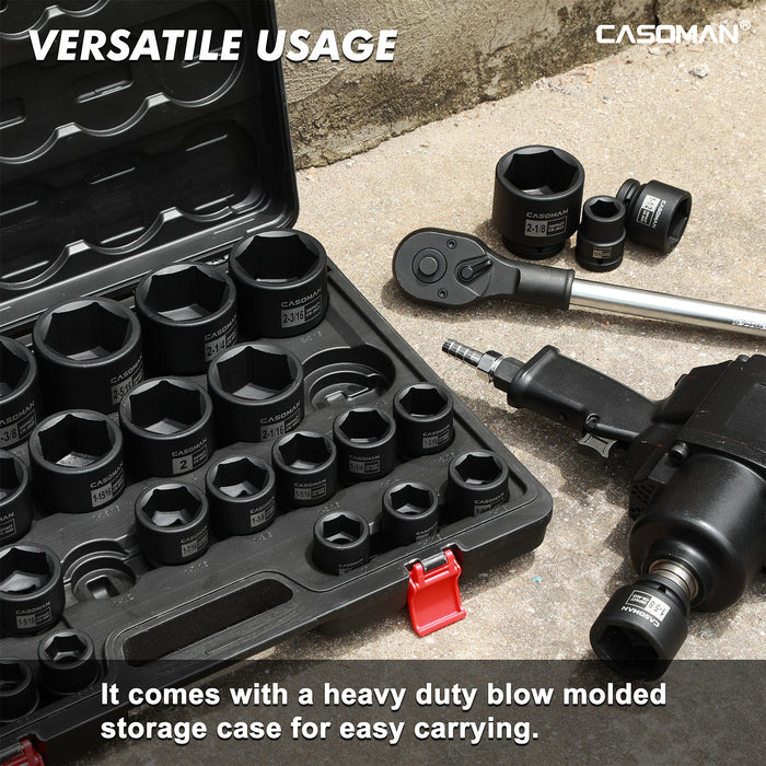 CASOMAN 29-Piece 3/4" Drive Shallow Spindle Axle Nut Impact Socket Set, 6-Point, Standard Large Socket Set, SAE (3/4" to 2-1/2"), CR-MO Steel, with Storage Case