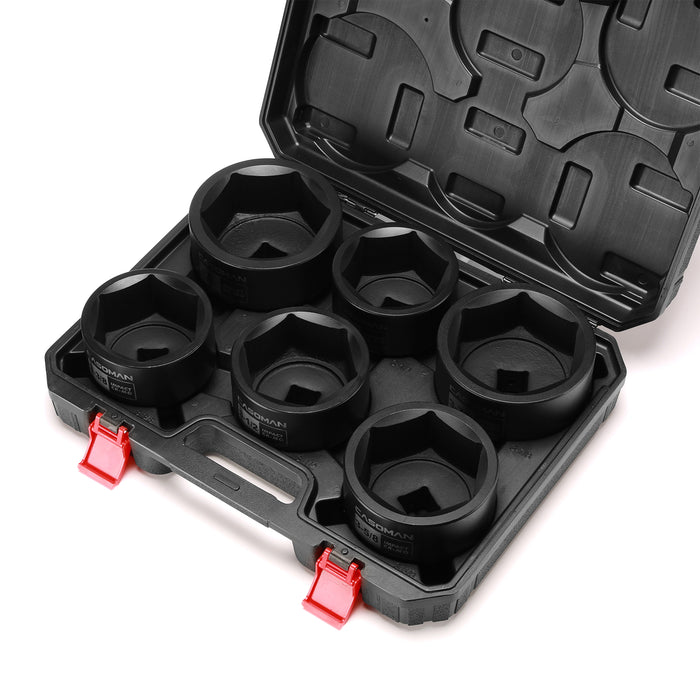 CASOMAN 6-Piece 1" Drive Shallow Spindle Axle Nut Impact Socket Set, 6-Point, Standard Large Socket Set, SAE (3-1/4" to 4"), CR-MO Steel, with Storage Case