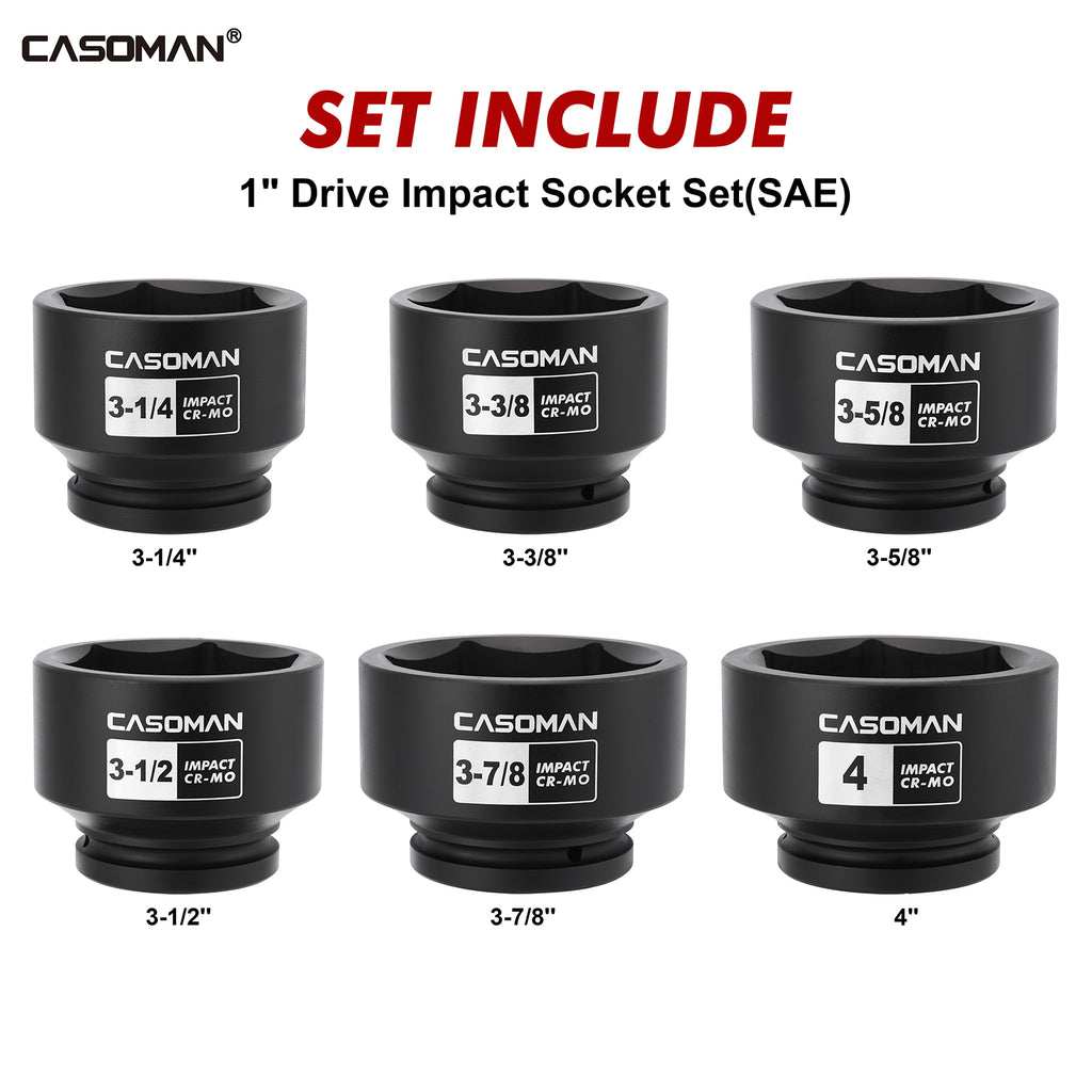 CASOMAN 6-Piece 1" Drive Shallow Spindle Axle Nut Impact Socket Set, 6-Point, Standard Large Socket Set, SAE (3-1/4" to 4"), CR-MO Steel, with Storage Case