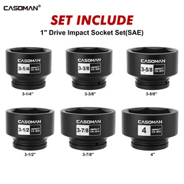 CASOMAN 6-Piece 1-Inch Drive Shallow Spindle Axle Nut Impact Socket Set, 6-Point, SAE 3-1/4–4 Inch, CR-MO, Storage Case
