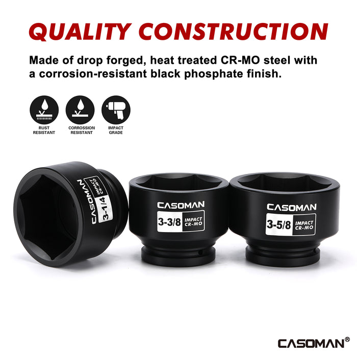 CASOMAN 6-Piece 1" Drive Shallow Spindle Axle Nut Impact Socket Set, 6-Point, Standard Large Socket Set, SAE (3-1/4" to 4"), CR-MO Steel, with Storage Case
