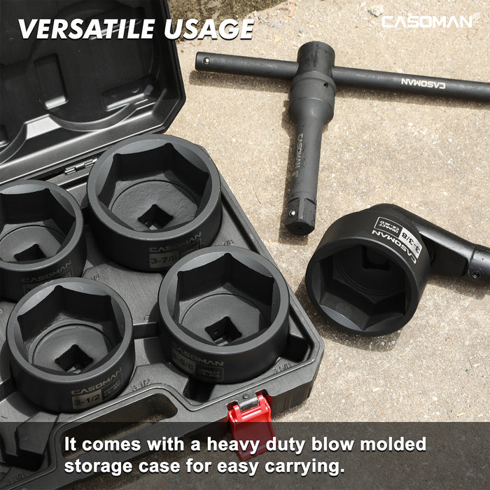 CASOMAN 6-Piece 1" Drive Shallow Spindle Axle Nut Impact Socket Set, 6-Point, Standard Large Socket Set, SAE (3-1/4" to 4"), CR-MO Steel, with Storage Case