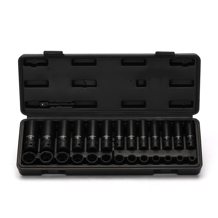 CASOMAN 27 Pieces 3/8-Inch Drive Impact Socket Set, Deep & Shallow, Metric (7mm - 19mm), 6 Point, CR-V Steel