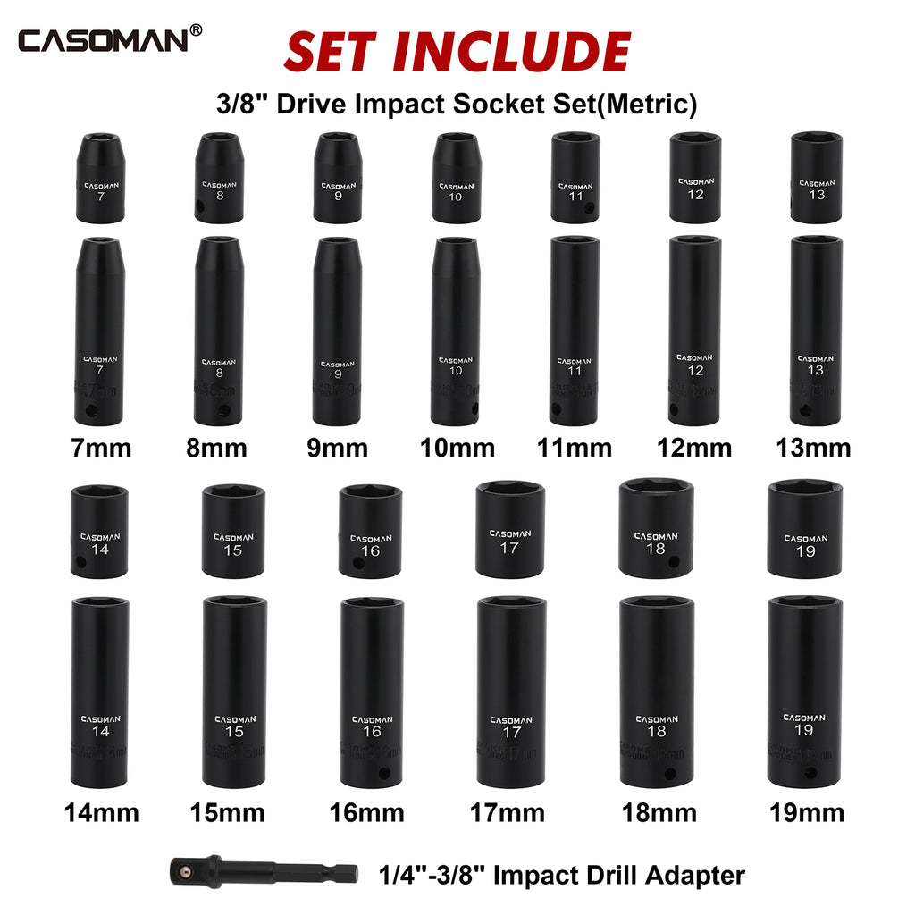CASOMAN 27 Pieces 3/8-Inch Drive Impact Socket Set, Deep & Shallow, Metric (7mm - 19mm), 6 Point, CR-V Steel