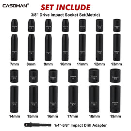 CASOMAN 27-Piece 3/8-Inch Drive Impact Socket Set, Shallow & Deep, 6-Point, Metric 7–19 mm, CR-V