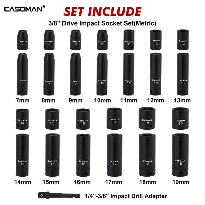 CASOMAN 27 Pieces 3/8-Inch Drive Impact Socket Set, Deep & Shallow, Metric (7mm - 19mm), 6 Point, CR-V Steel
