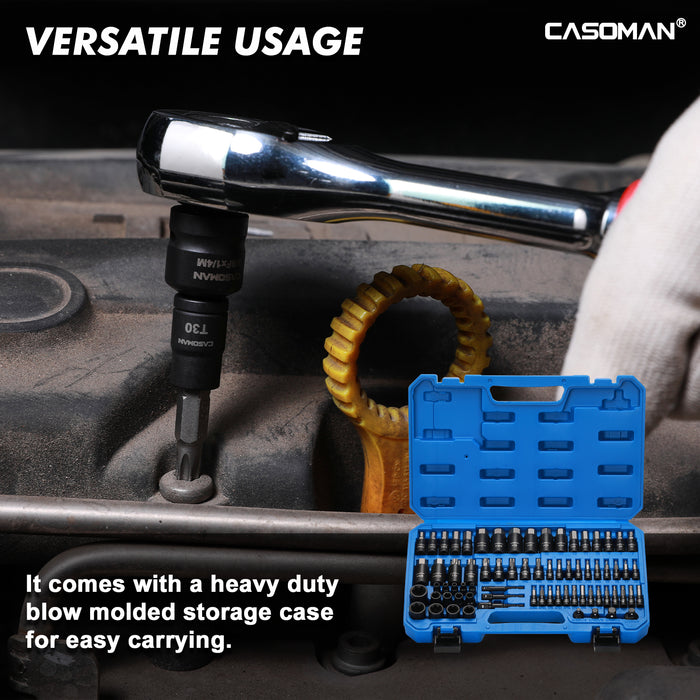CASOMAN 71-Piece Master Hex & Torx Bit Socket Set, 1/4" & 3/8" & 1/2" Drive, Metric/SAE Hex Bit Sockets, Star Bit Sockets (T6 - T70), E-Torx Sockets (E4 - E24), with Storage Case