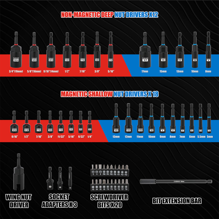 CASOMAN 55-Piece Magnetic Nut Driver Set for Impact Drill, Deep & Shallow, Metric & SAE, Includes Screwdriver Bits, Bit Extension Bar, Socket Adapters & Wing Nut Driver