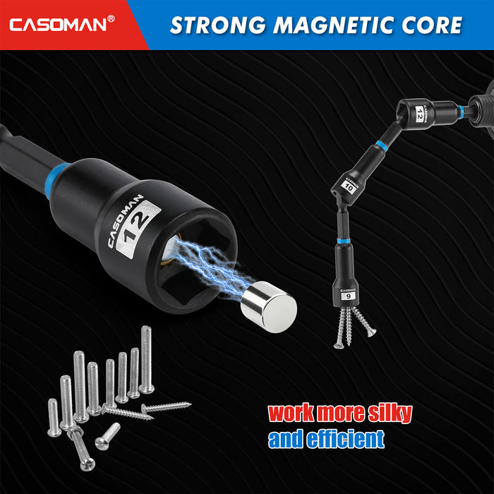 CASOMAN 55-Piece Magnetic Nut Driver Set for Impact Drill, Deep & Shallow, Metric & SAE, Includes Screwdriver Bits, Bit Extension Bar, Socket Adapters & Wing Nut Driver