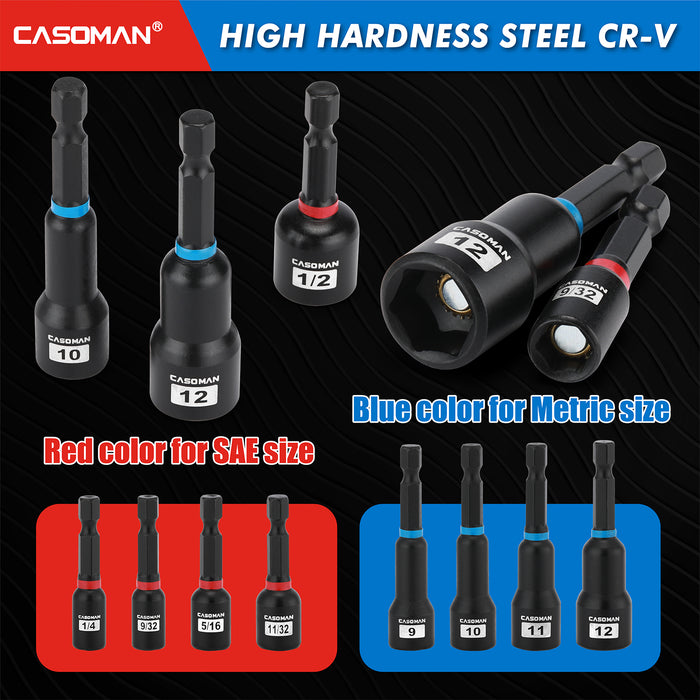 CASOMAN 55-Piece Magnetic Nut Driver Set for Impact Drill, Deep & Shallow, Metric & SAE, Includes Screwdriver Bits, Bit Extension Bar, Socket Adapters & Wing Nut Driver