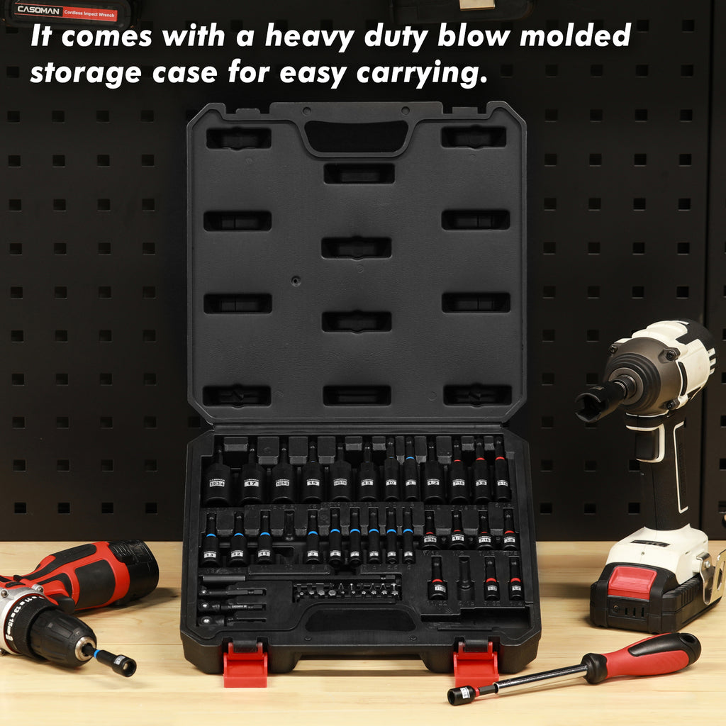 CASOMAN 55-Piece Magnetic Nut Driver Set for Impact Drill, Deep & Shallow, Metric & SAE, Includes Screwdriver Bits, Bit Extension Bar, Socket Adapters & Wing Nut Driver