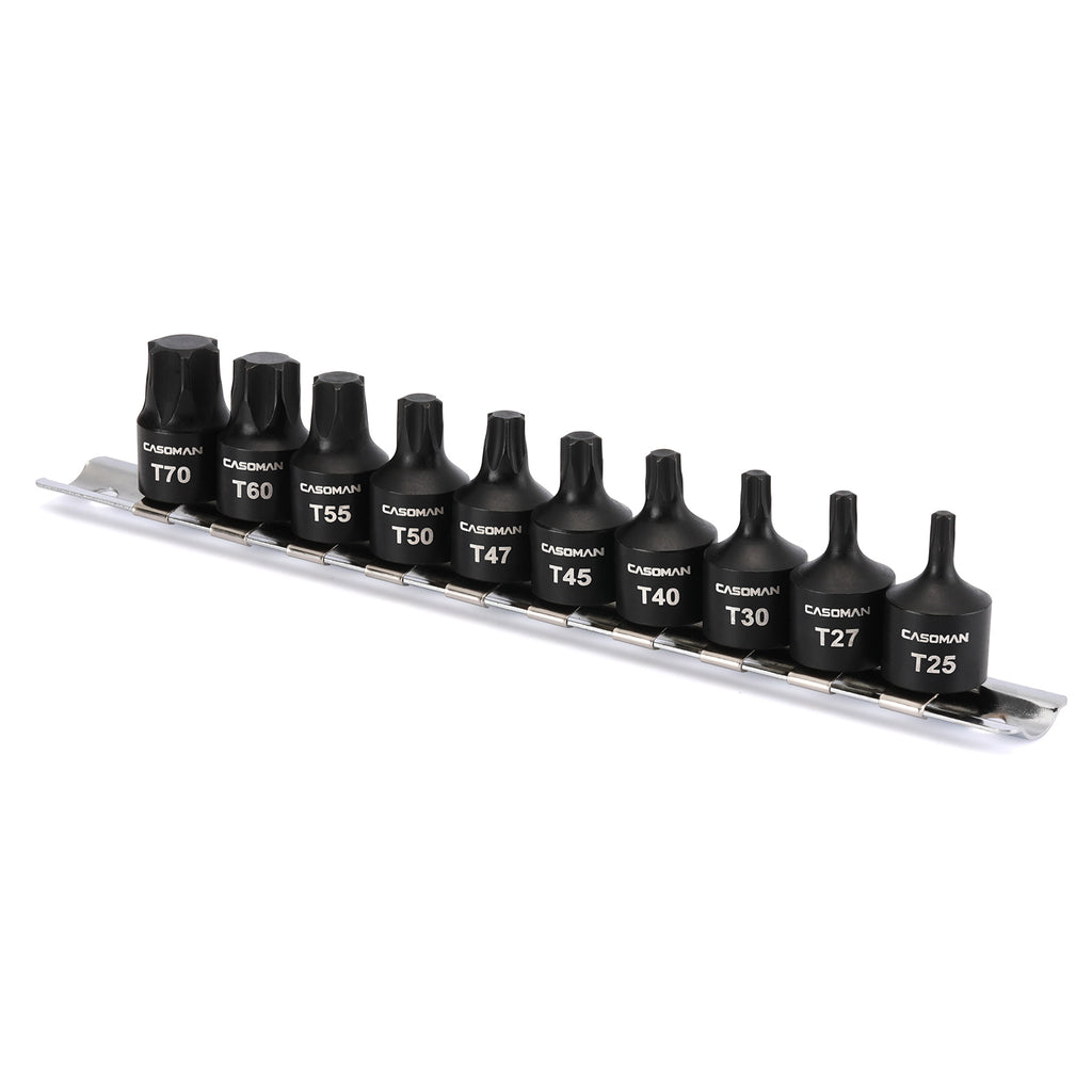 CASOMAN 10-Piece 3/8" Drive Low Profile Impact Torx Bit Socket Set, Includes Storage Rail, CR-MO Steel, Designed for Impact Use