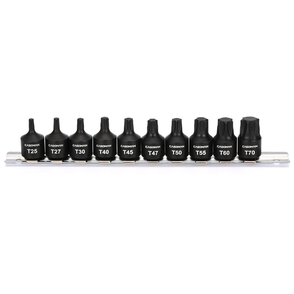 CASOMAN 10-Piece 3/8" Drive Low Profile Impact Torx Bit Socket Set, Includes Storage Rail, CR-MO Steel, Designed for Impact Use