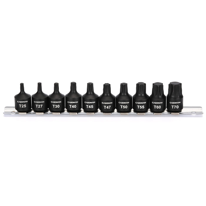 CASOMAN 10-Piece 3/8" Drive Low Profile Impact Torx Bit Socket Set, Includes Storage Rail, CR-MO Steel, Designed for Impact Use