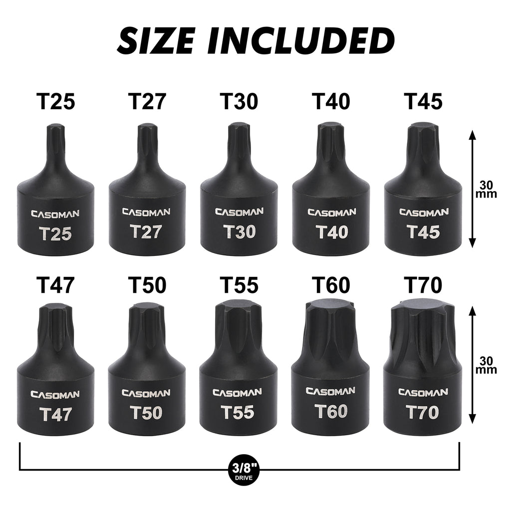 CASOMAN 10-Piece 3/8" Drive Low Profile Impact Torx Bit Socket Set, Includes Storage Rail, CR-MO Steel, Designed for Impact Use