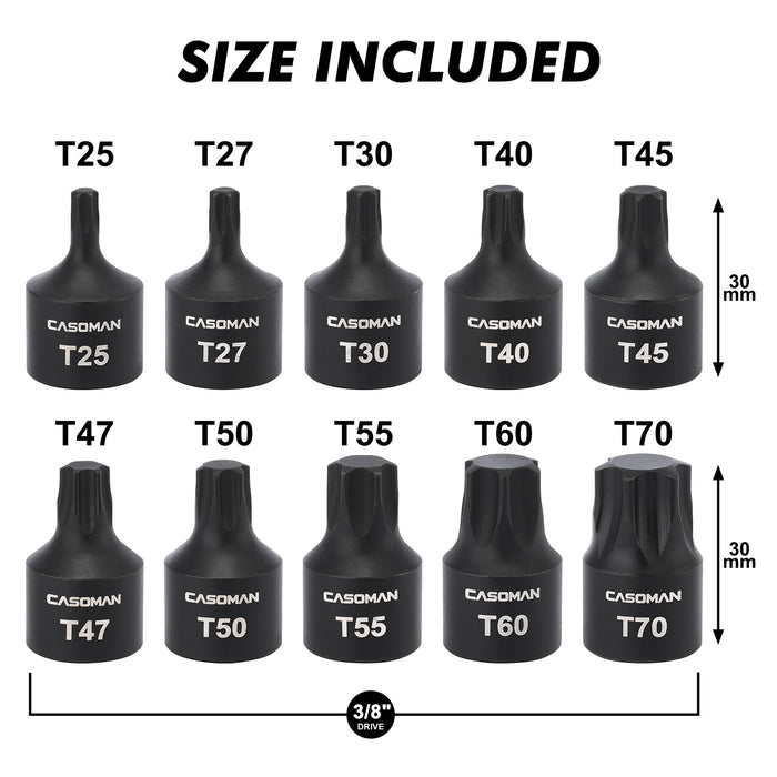 CASOMAN 10-Piece 3/8" Drive Low Profile Impact Torx Bit Socket Set, Includes Storage Rail, CR-MO Steel, Designed for Impact Use