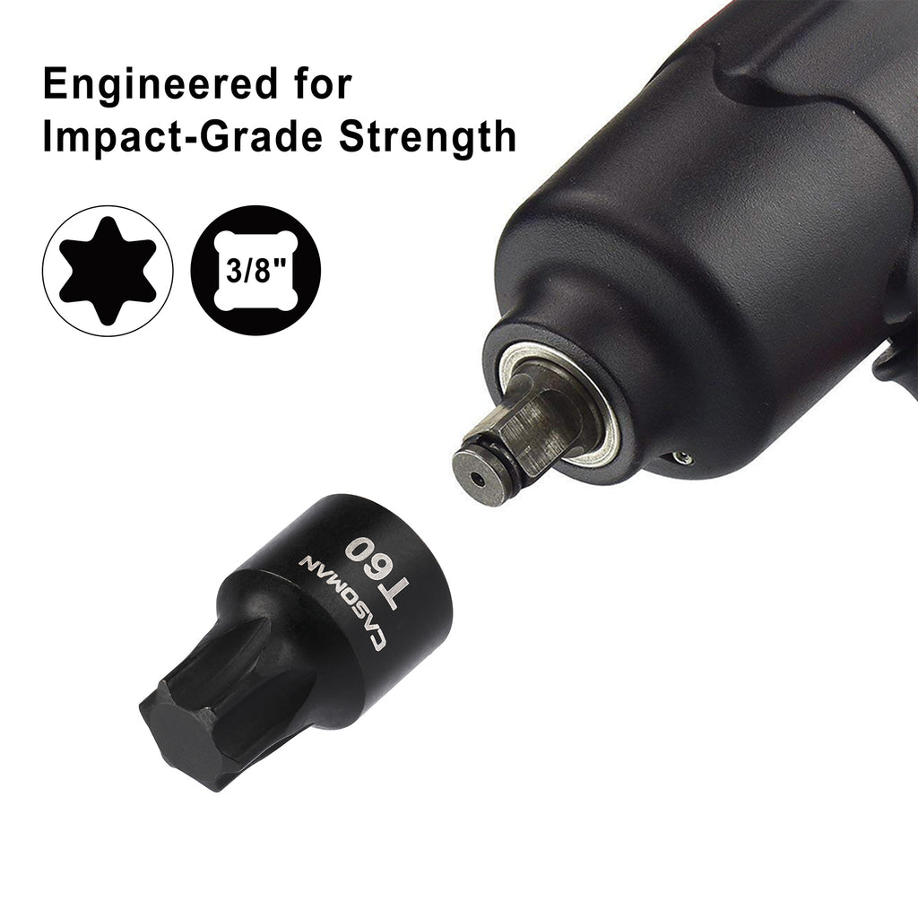 CASOMAN 10-Piece 3/8" Drive Low Profile Impact Torx Bit Socket Set, Includes Storage Rail, CR-MO Steel, Designed for Impact Use