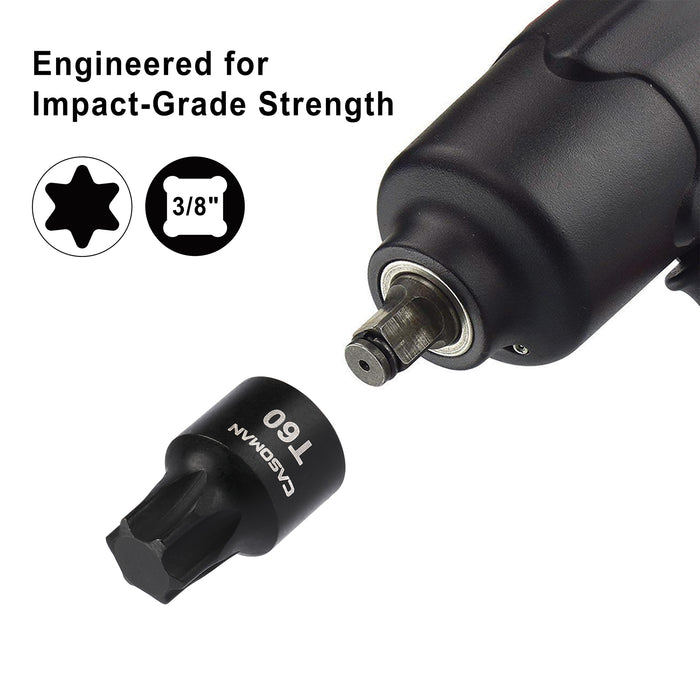 CASOMAN 10-Piece 3/8" Drive Low Profile Impact Torx Bit Socket Set, Includes Storage Rail, CR-MO Steel, Designed for Impact Use