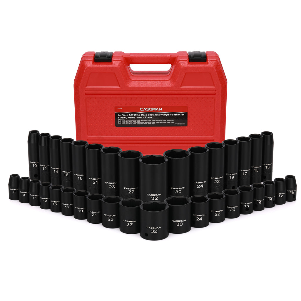 CASOMAN 36-Piece 1/2” Drive Metric Deep and Shallow Impact Socket Set, 6-Point, CR-V, for Auto Repair, with Portable Case, Rugged Construction