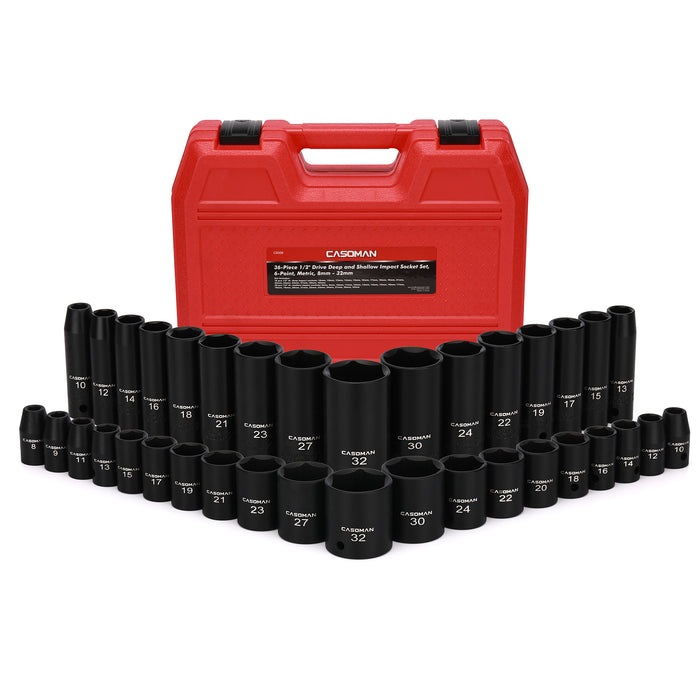 CASOMAN 36-Piece 1/2” Drive Metric Deep and Shallow Impact Socket Set, 6-Point, CR-V, for Auto Repair, with Portable Case, Rugged Construction