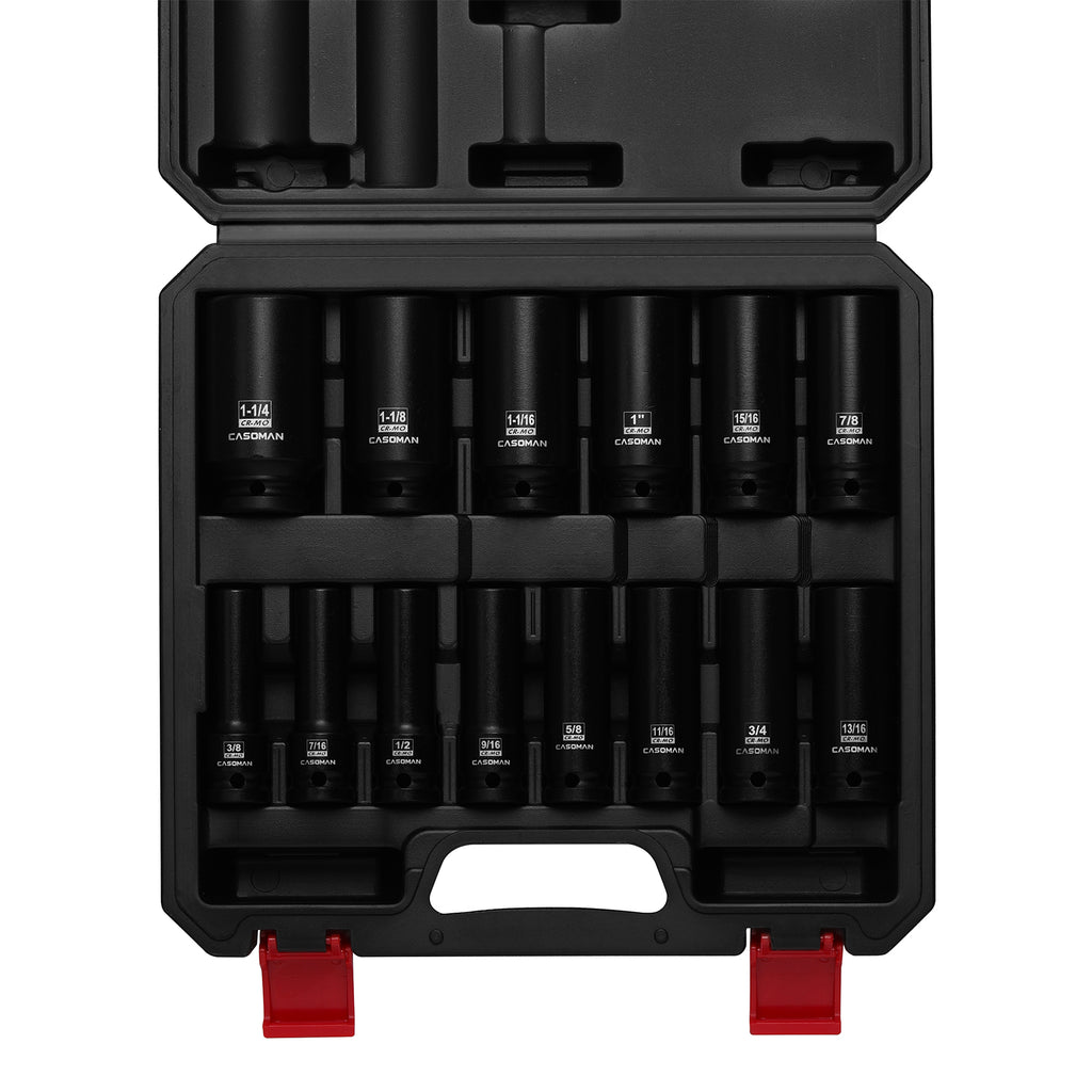 CASOMAN 14PCS 1/2" Drive Deep Impact Socket Set, SAE, 6-Point, CR-MO, 3/8" to 1-1/4", for Auto Repair, Mechanic, with Portable Case, Easy-to-Read Size Markings, Rugged Construction