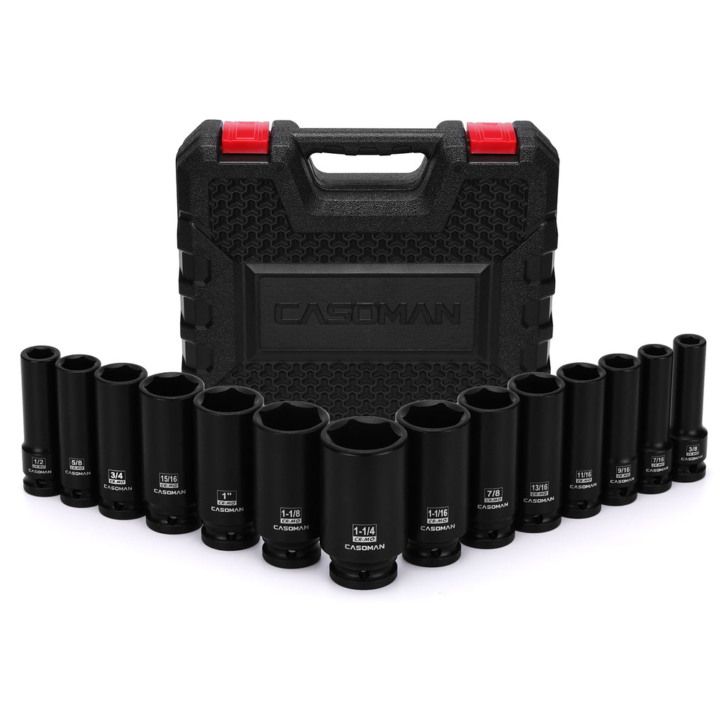 CASOMAN 14PCS 1/2" Drive Deep Impact Socket Set, SAE, 6-Point, CR-MO, 3/8" to 1-1/4", for Auto Repair, Mechanic, with Portable Case, Easy-to-Read Size Markings, Rugged Construction