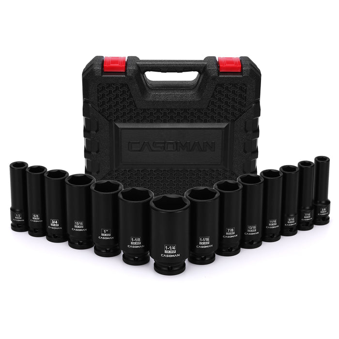 CASOMAN 14PCS 1/2" Drive Deep Impact Socket Set, SAE, 6-Point, CR-MO, 3/8" to 1-1/4", for Auto Repair, Mechanic, with Portable Case, Easy-to-Read Size Markings, Rugged Construction