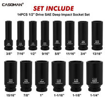 Load image into Gallery viewer, CASOMAN 14PCS 1/2" Drive Deep Impact Socket Set, SAE, 6-Point, CR-MO, 3/8" to 1-1/4", for Auto Repair, Mechanic, with Portable Case, Easy-to-Read Size Markings, Rugged Construction