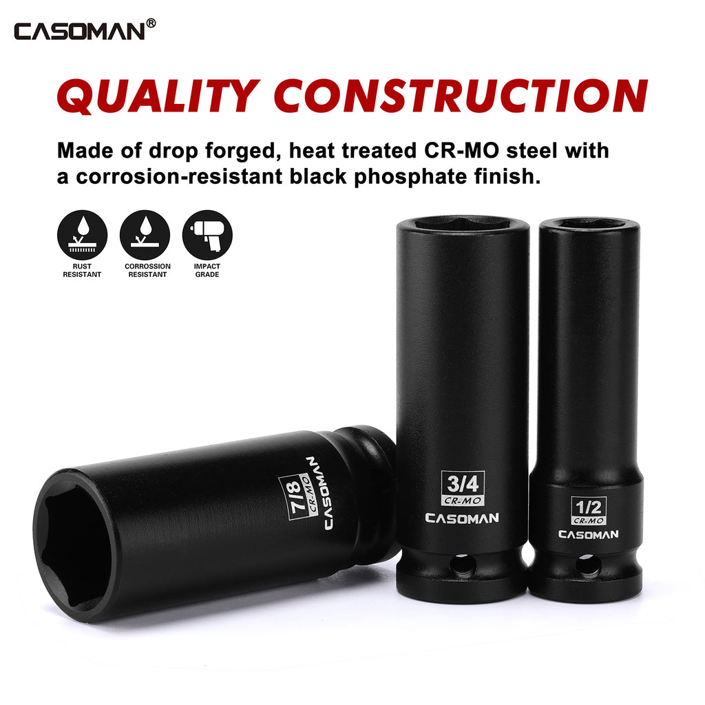 CASOMAN 14PCS 1/2" Drive Deep Impact Socket Set, SAE, 6-Point, CR-MO, 3/8" to 1-1/4", for Auto Repair, Mechanic, with Portable Case, Easy-to-Read Size Markings, Rugged Construction