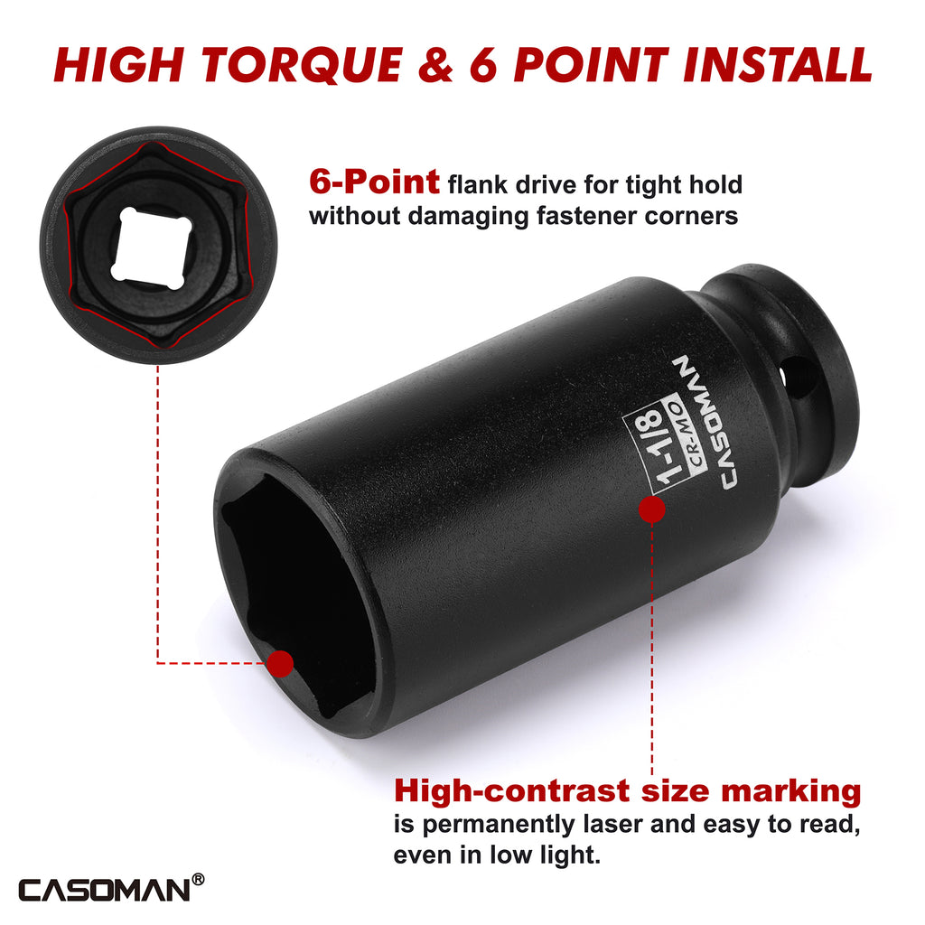 CASOMAN 14PCS 1/2" Drive Deep Impact Socket Set, SAE, 6-Point, CR-MO, 3/8" to 1-1/4", for Auto Repair, Mechanic, with Portable Case, Easy-to-Read Size Markings, Rugged Construction