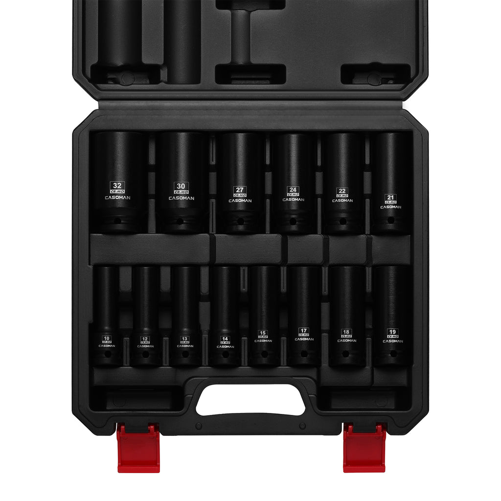 CASOMAN 14PCS 1/2" Drive Deep Impact Socket Set, Metric, 6-Point, CR-MO, 10mm to 32mm, for Auto Repair, Mechanic, with Portable Case, Easy-to-Read Size Markings, Rugged Construction