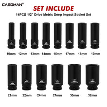 Load image into Gallery viewer, CASOMAN 14PCS 1/2" Drive Deep Impact Socket Set, Metric, 6-Point, CR-MO, 10mm to 32mm, for Auto Repair, Mechanic, with Portable Case, Easy-to-Read Size Markings, Rugged Construction