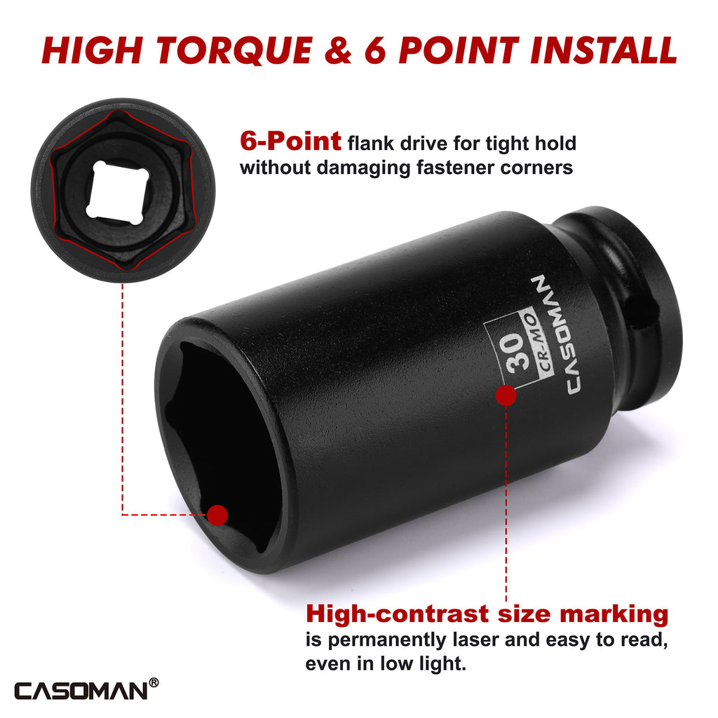 CASOMAN 14PCS 1/2" Drive Deep Impact Socket Set, Metric, 6-Point, CR-MO, 10mm to 32mm, for Auto Repair, Mechanic, with Portable Case, Easy-to-Read Size Markings, Rugged Construction