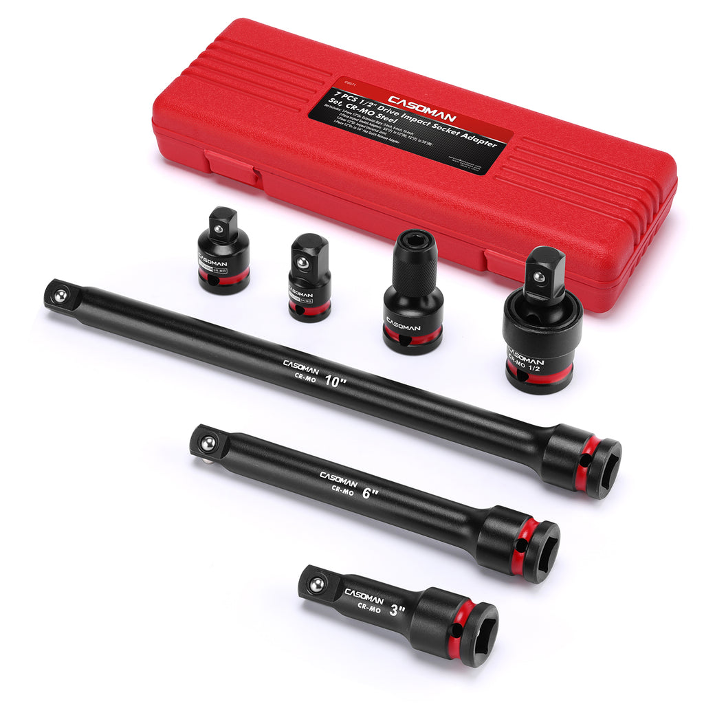 CASOMAN 7PCS 1/2" Drive Impact Socket Accessory Set, Includes Extension Bars 3" 6" 10", Socket Adapter & Reducer, Impact to 1/4" Hex Converter and Universal Joint, CR-MO Steel, for Automotive Repair