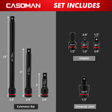 Load image into Gallery viewer, CASOMAN 7PCS 1/2" Drive Impact Socket Accessory Set, Includes Extension Bars 3" 6" 10", Socket Adapter &amp; Reducer, Impact to 1/4" Hex Converter and Universal Joint, CR-MO Steel, for Automotive Repair