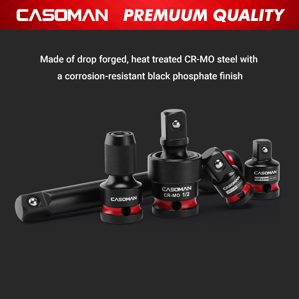 CASOMAN 7PCS 1/2" Drive Impact Socket Accessory Set, Includes Extension Bars 3" 6" 10", Socket Adapter & Reducer, Impact to 1/4" Hex Converter and Universal Joint, CR-MO Steel, for Automotive Repair