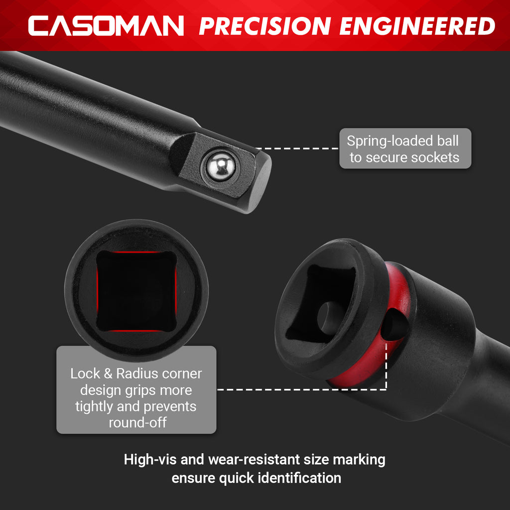 CASOMAN 7PCS 1/2" Drive Impact Socket Accessory Set, Includes Extension Bars 3" 6" 10", Socket Adapter & Reducer, Impact to 1/4" Hex Converter and Universal Joint, CR-MO Steel, for Automotive Repair