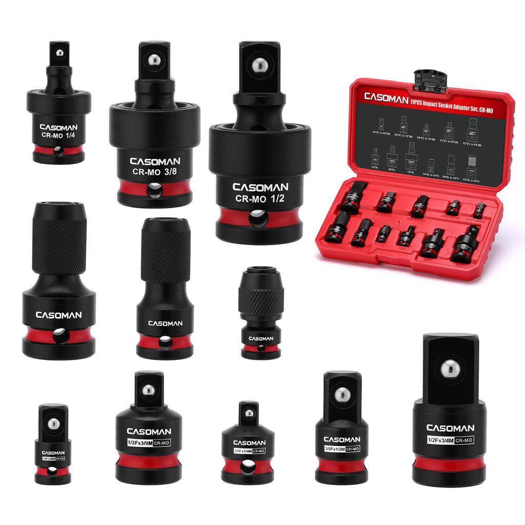 CASOMAN 11PCS Impact Socket Accessory Set, Includes Impact Socket Adapters and Reducers, Impact to 1/4" Hex Converters, Swivel Socket Adapters, CR-MO Steel, for Automotive Repair