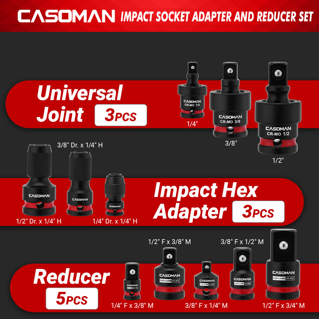 CASOMAN 11PCS Impact Socket Accessory Set, Includes Impact Socket Adapters and Reducers, Impact to 1/4" Hex Converters, Swivel Socket Adapters, CR-MO Steel, for Automotive Repair