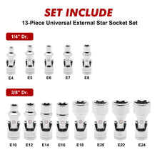 Load image into Gallery viewer, CASOMAN 13PCS 1/4" &amp; 3/8" Drive Universal External Star Socket Set, E4 to E24, CR-V, Swivel Head, 360 Degree Access, with Sturdy Molded Case