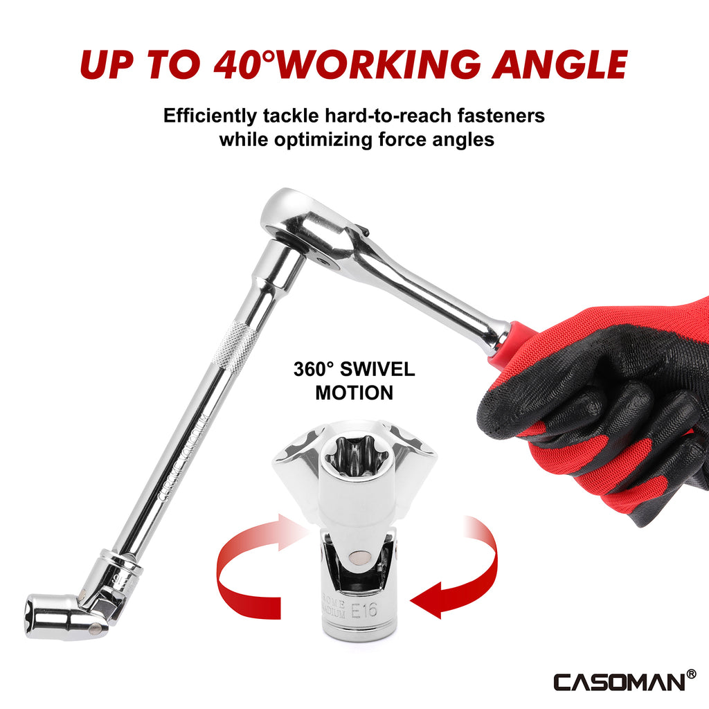 CASOMAN 13PCS 1/4" & 3/8" Drive Universal External Star Socket Set, E4 to E24, CR-V, Swivel Head, 360 Degree Access, with Sturdy Molded Case