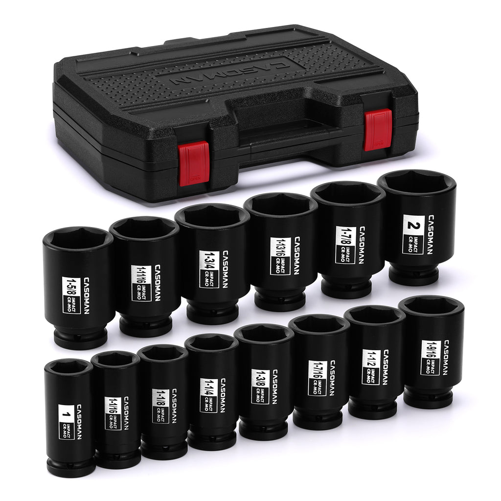 CASOMAN 14PCS 3/4" Drive Deep Spindle Axle Nut Impact Socket Set, 6 Point, CR-MO, 1" to 2", SAE, Large Socket Set, Heavy Duty Use in Removing and Installing Axle Nuts