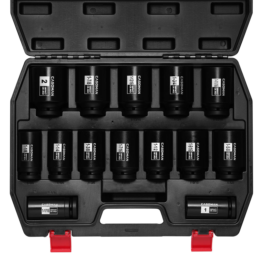 CASOMAN 14PCS 3/4" Drive Deep Spindle Axle Nut Impact Socket Set, 6 Point, CR-MO, 1" to 2", SAE, Large Socket Set, Heavy Duty Use in Removing and Installing Axle Nuts