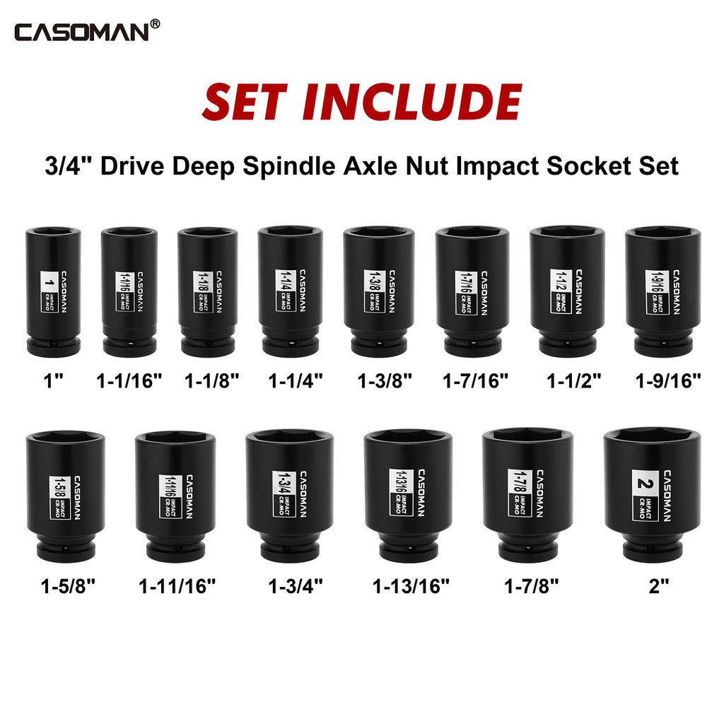CASOMAN 14PCS 3/4" Drive Deep Spindle Axle Nut Impact Socket Set, 6 Point, CR-MO, 1" to 2", SAE, Large Socket Set, Heavy Duty Use in Removing and Installing Axle Nuts