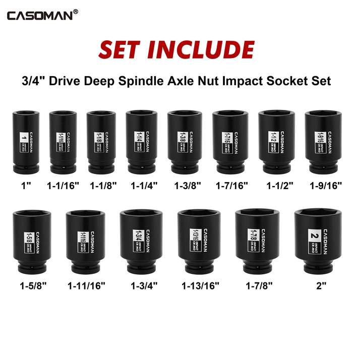 CASOMAN 14PCS 3/4" Drive Deep Spindle Axle Nut Impact Socket Set, 6 Point, CR-MO, 1" to 2", SAE, Large Socket Set, Heavy Duty Use in Removing and Installing Axle Nuts