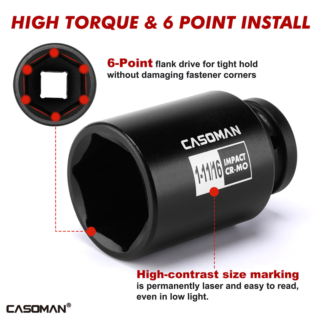 CASOMAN 14PCS 3/4" Drive Deep Spindle Axle Nut Impact Socket Set, 6 Point, CR-MO, 1" to 2", SAE, Large Socket Set, Heavy Duty Use in Removing and Installing Axle Nuts
